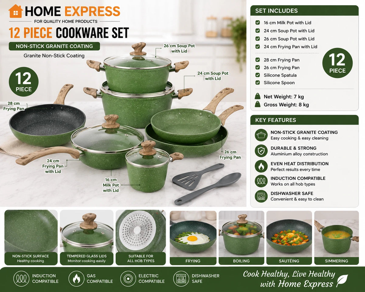 12 Piece Non Stick Cookware Set Induction Green