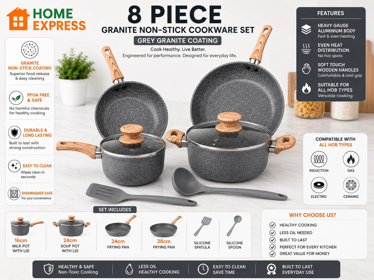 8 PCS Kitchen Cookware Set Non-Stick Granite Set Induction - Grey