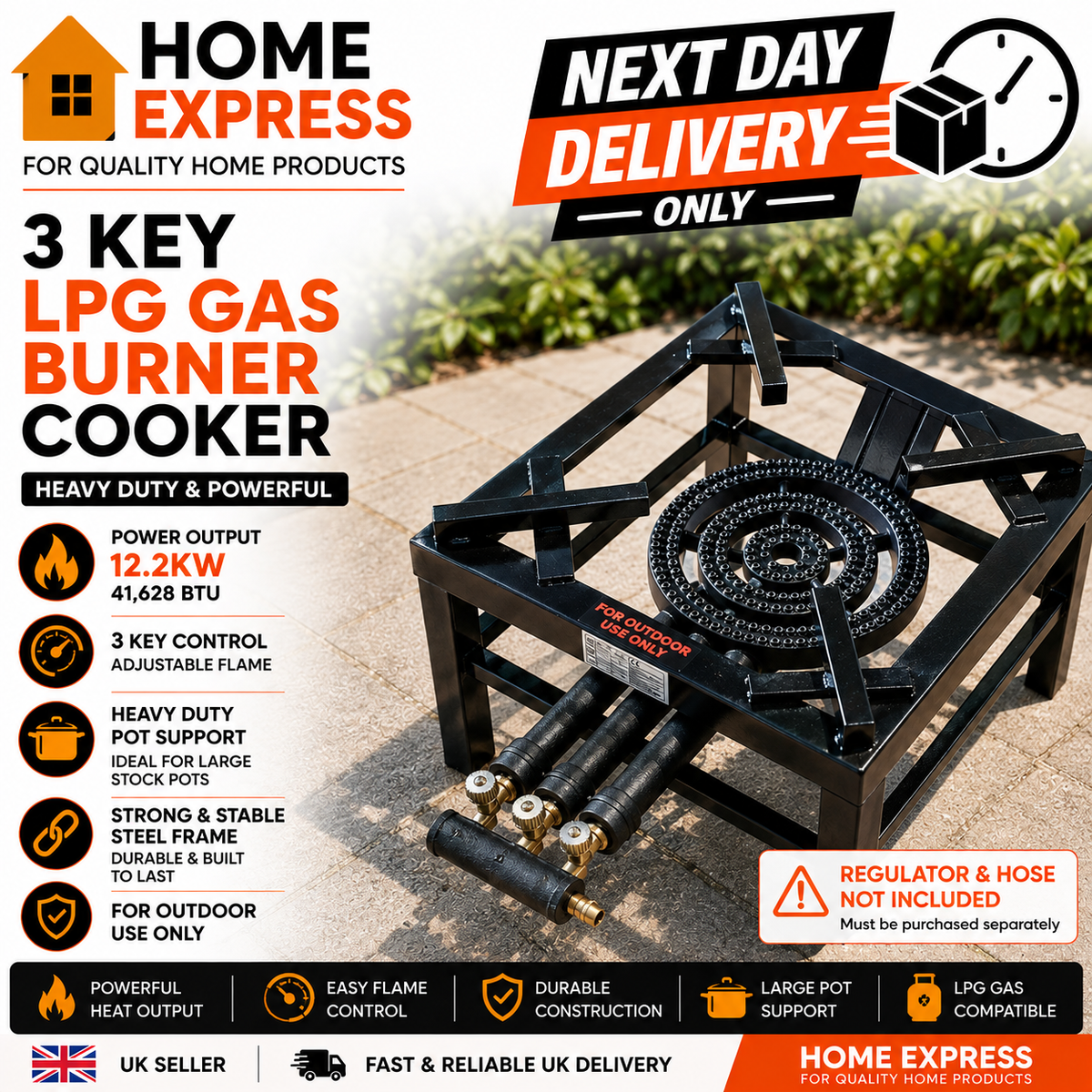 12.2KW 3 KEY HEAVY DUTY SINGLE CAST IRON LPG GAS COOKER BURNER CATERING OUTDOOR