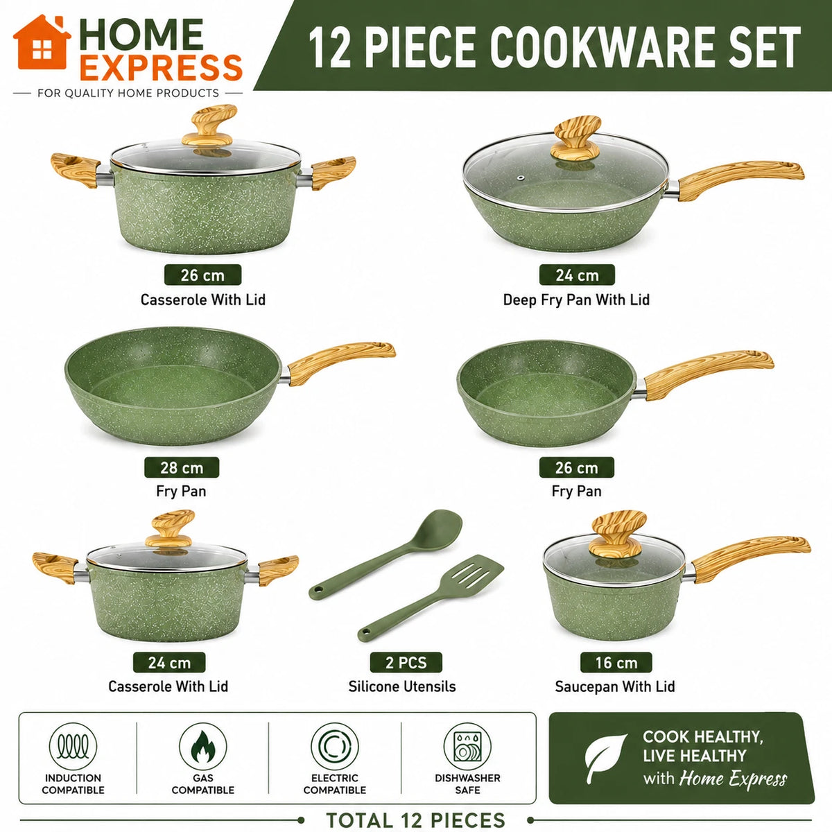 12 Piece Non Stick Cookware Set Induction  Green