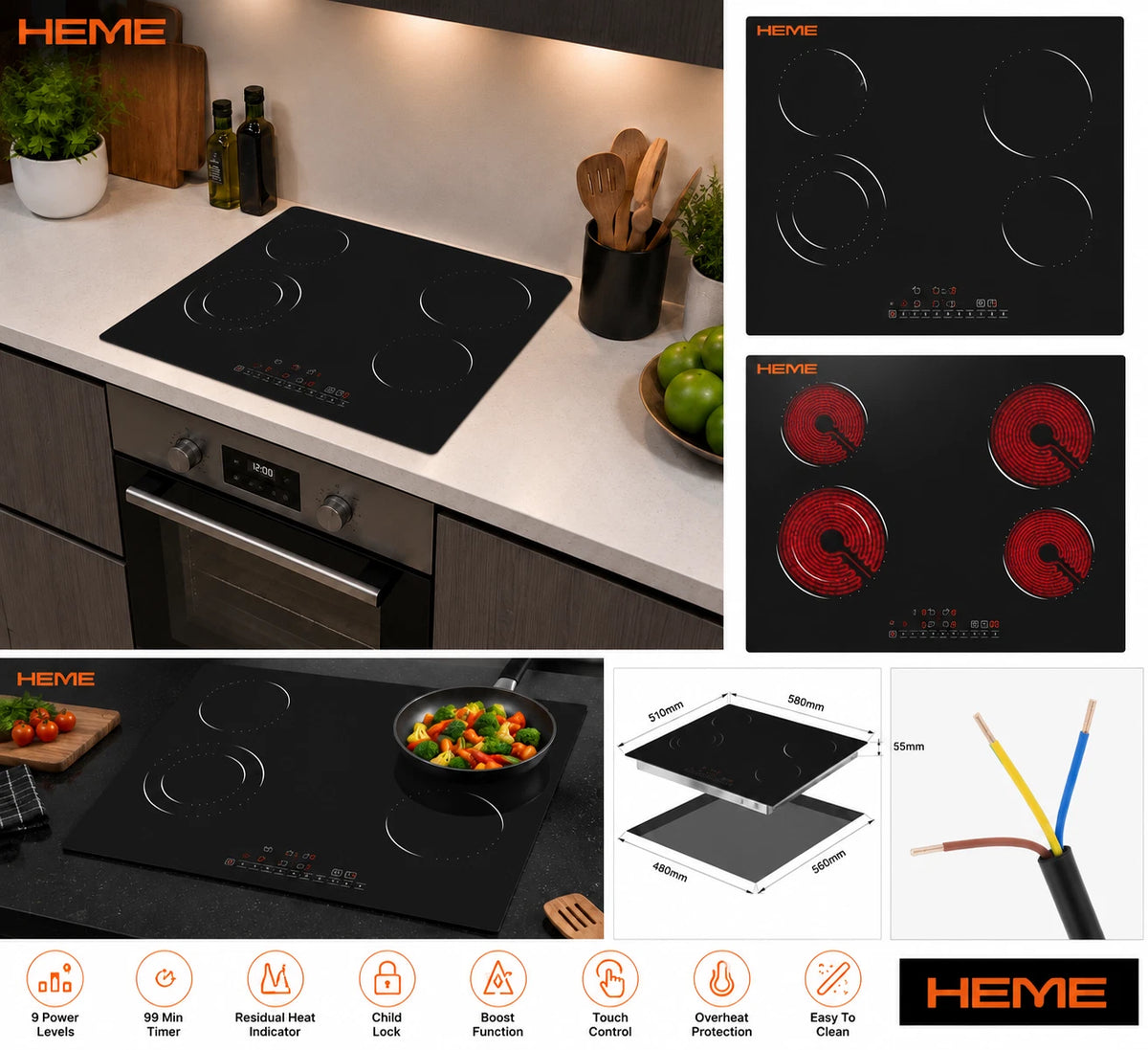 HEME 60cm 4 Zone Induction Hob Black Touch Control