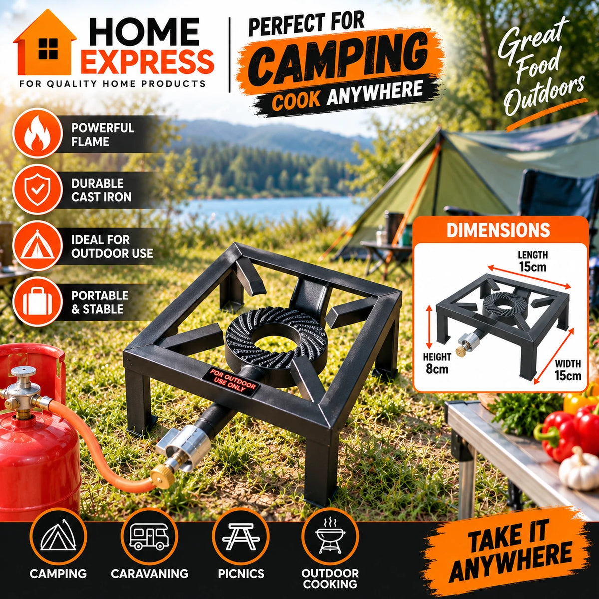 Mini Portable Gas Burner Camping Stove Cast Iron Outdoor Cooker LPG Butane Heavy Duty