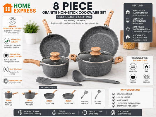8 PCS Kitchen Cookware Set Non-Stick Granite Set Induction - Grey