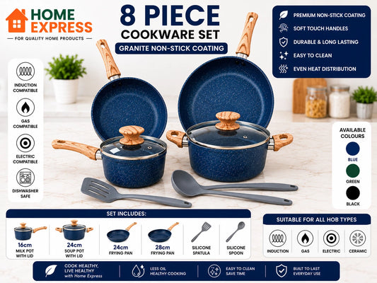 8 PCS Kitchen Cookware Set Non-Stick Granite Set Induction - Blue