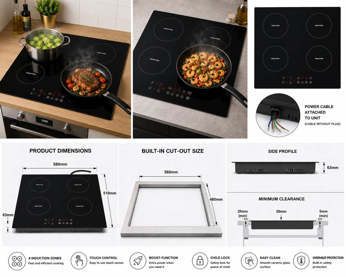 HEME 60cm 4 Zone Induction Hob Black Touch Control
