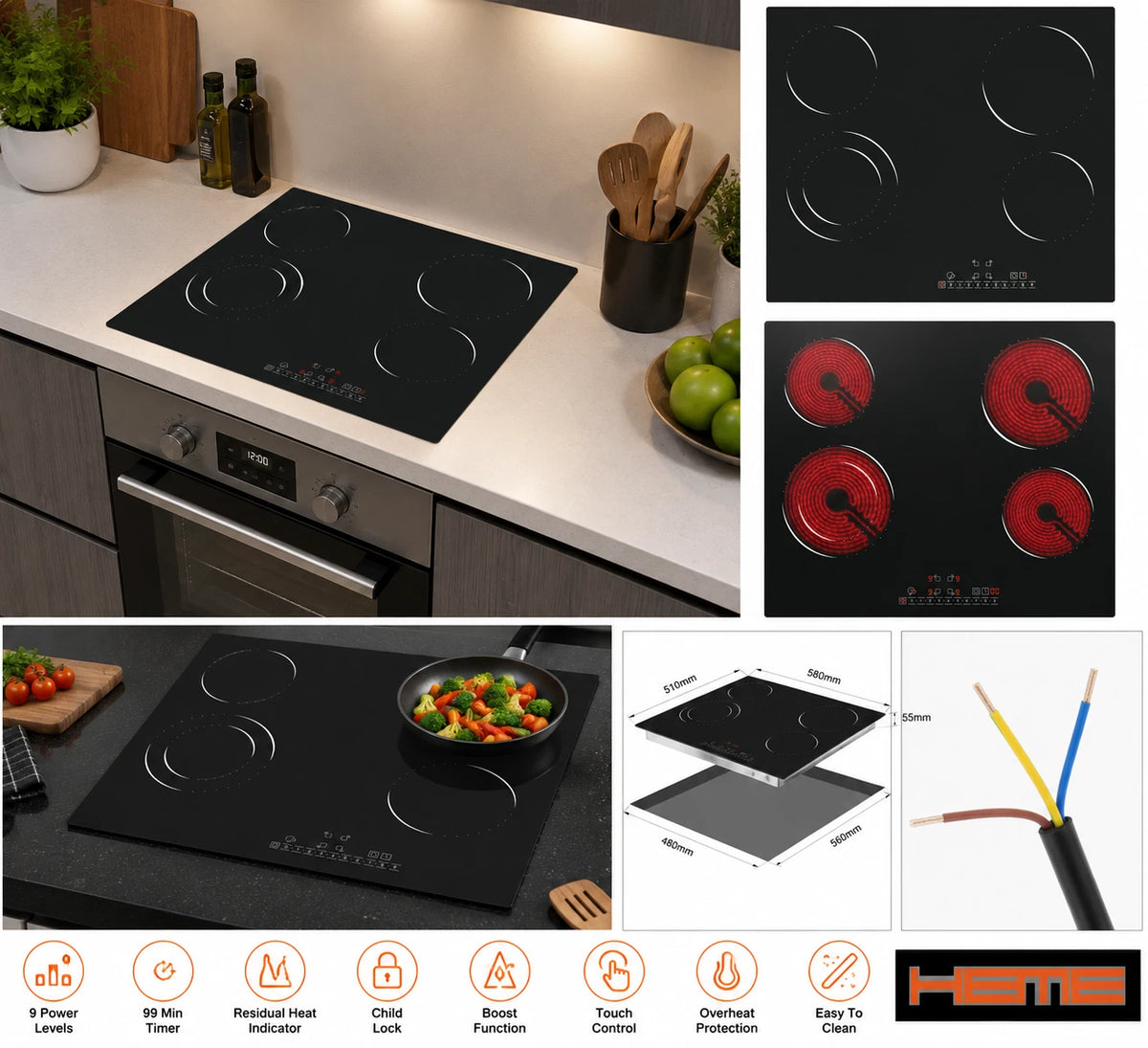 HEME Electric Ceramic Hob 4 Zone , 4 Burner 60CM Touch Control