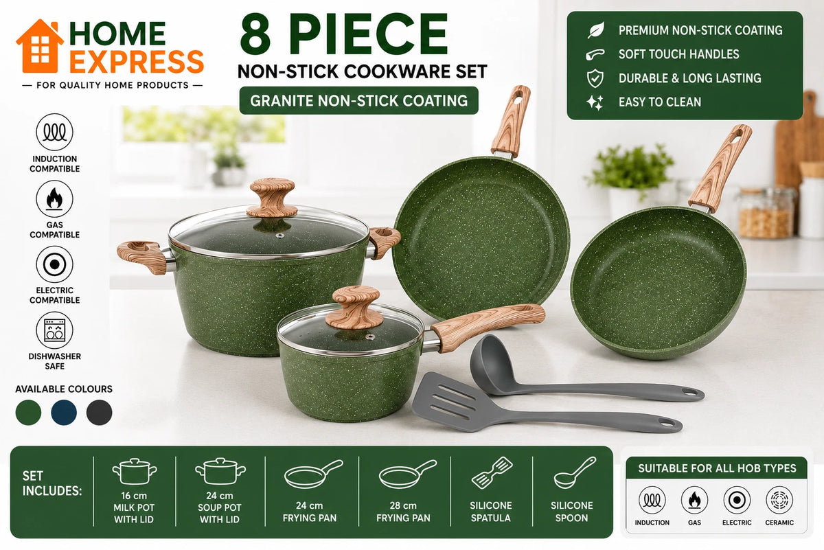 8 PCS Kitchen Cookware Set Non-Stick Granite Set Induction - Green