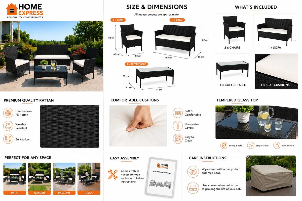 Rattan Sofa Set 4 Piece Garden Furniture Chair Coffee Table Patio Outdoor Black