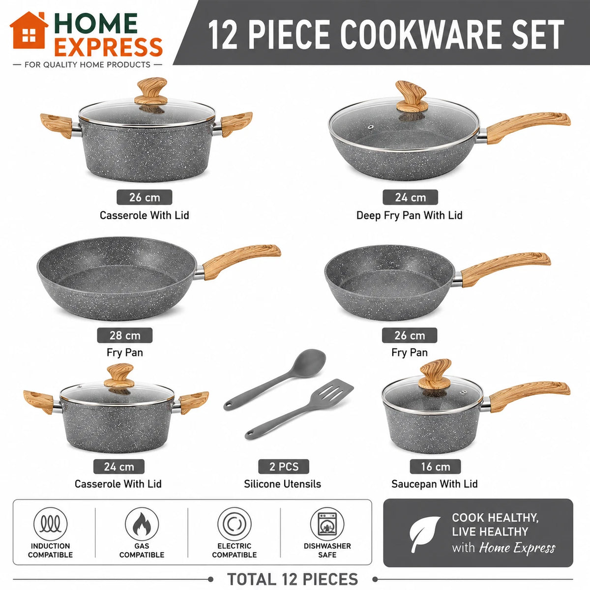 12 Piece Non Stick Cookware Set Induction Grey