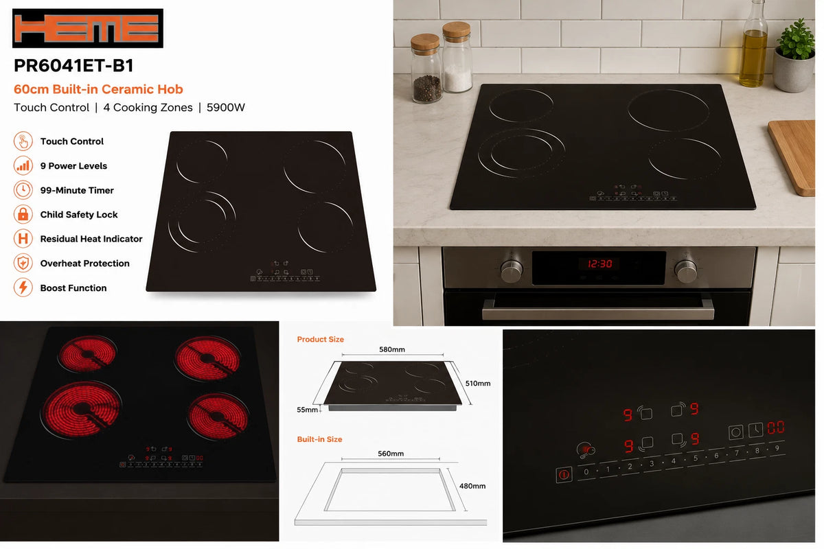 HEME Electric Ceramic Hob 4 Zone , 4 Burner 60CM Touch Control