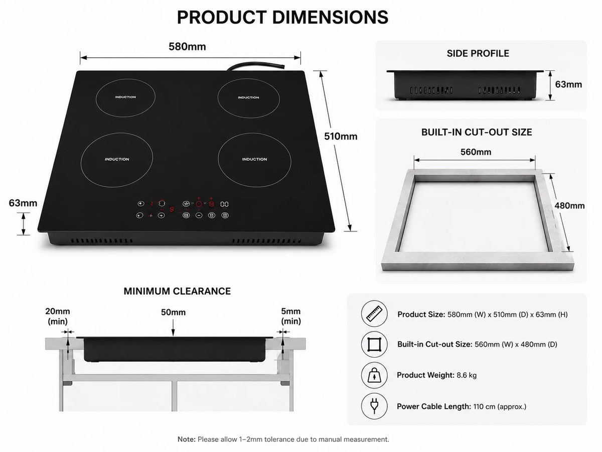 HEME 60cm 4 Zone Induction Hob Black Touch Control