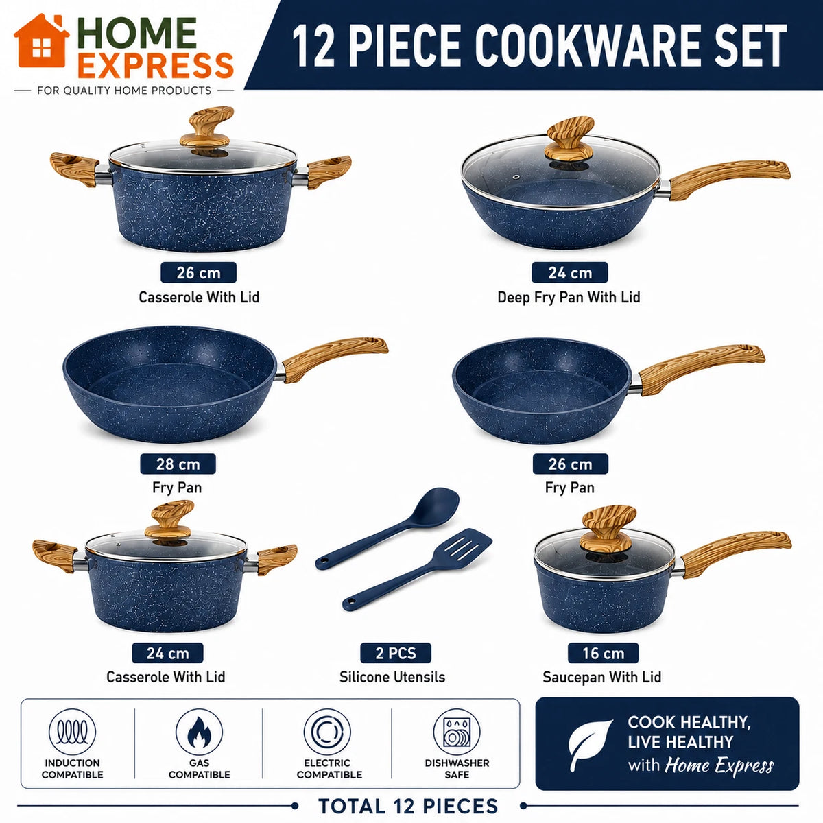 12 Piece Non Stick Cookware Set Induction Blue