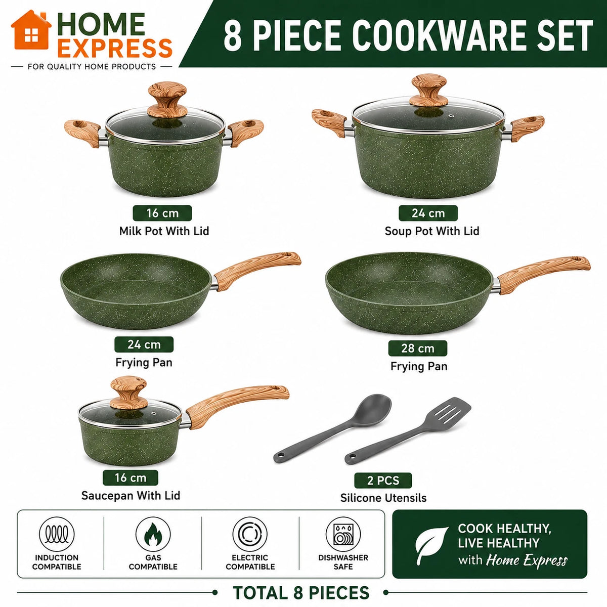 8 PCS Kitchen Cookware Set Non-Stick Granite Set Induction - Green