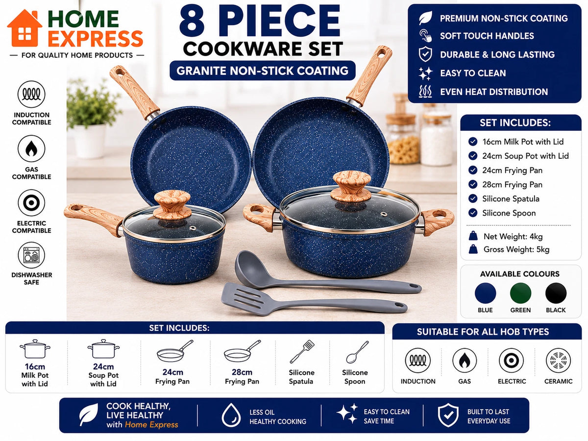 8 PCS Kitchen Cookware Set Non-Stick Granite Set Induction - Blue
