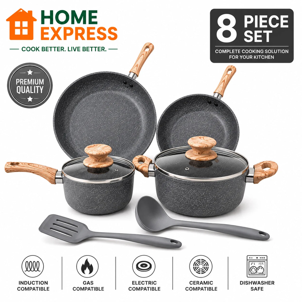 8 PCS Kitchen Cookware Set Non-Stick Granite Set Induction - Grey